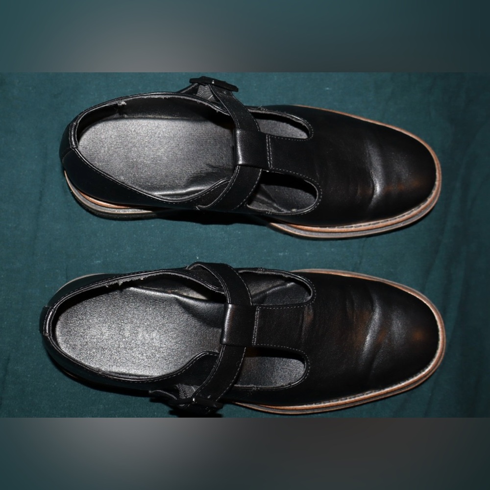 Kork-Ease Black Leather T-Strap Platform Clogs with Tan Trim - Picture 3 of 4